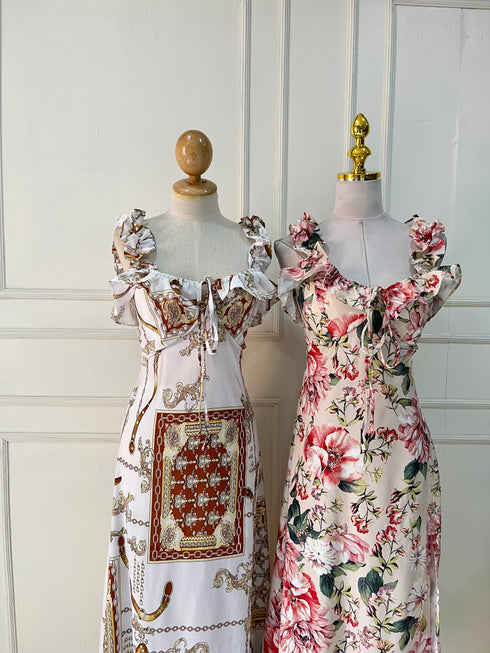 Spring Floral Ruffle Straps Side Slit Dresses